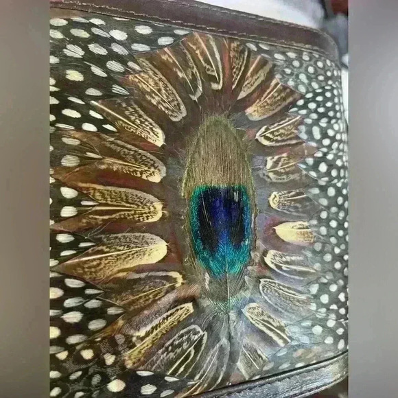 Vintage Genuine Peacock Feather Purse by Comeco Handbag Clutch w/ Strap Brown - Picture 4 of 14